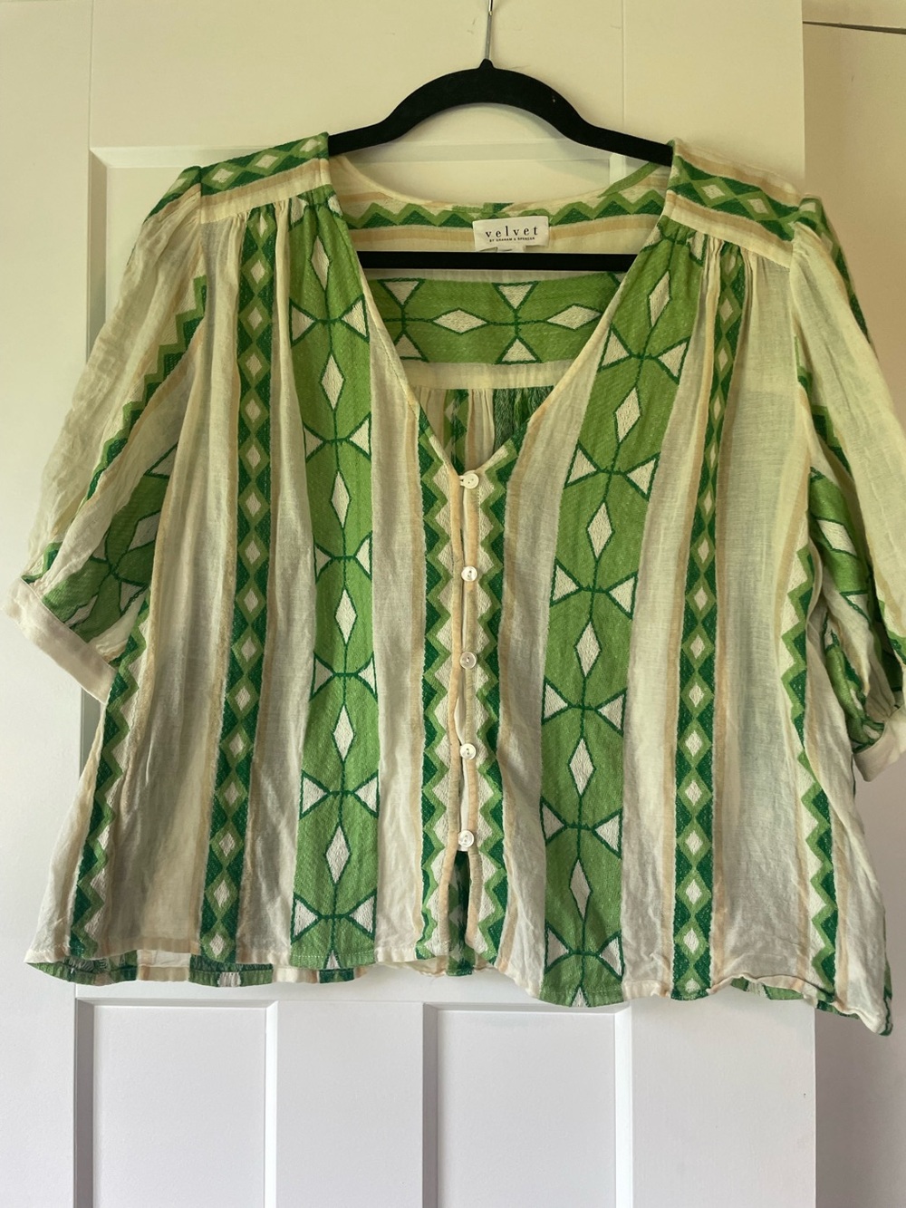 Velvet by Graham & Spencer Green & White Embroidered Button-Front Blouse